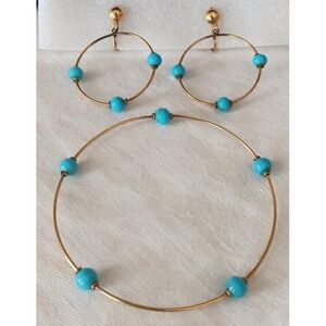 Vintage Set Gold Plate Bangle Bracelet Hoop Earrings Faux Turquoise Beads Beaded